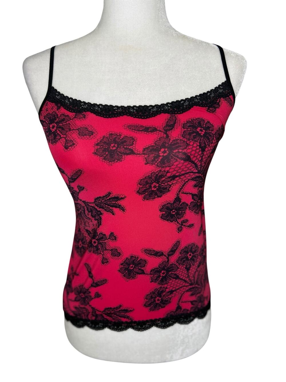 Jockey Vintage Y2K Pink Black Camisole Spaghetti Straps Sexy Lace Trim Medium